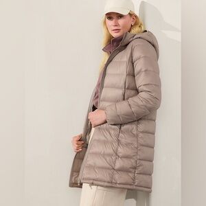 NWT New ATHLETA Aire Puffer Parka Long Hooded Winter Jacket Coat Taupe Tan L